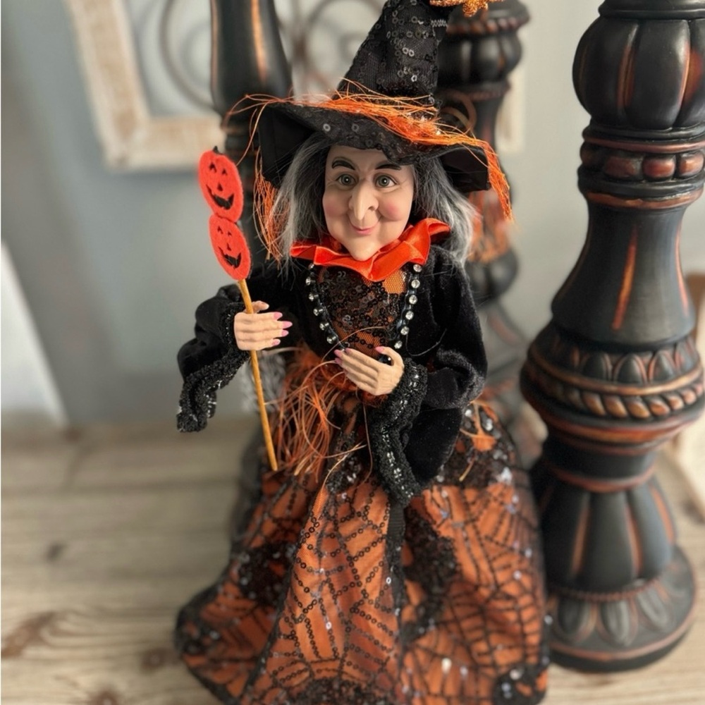 Halloween Black & Orange Fabric Witch 6”L x 4”W x 15”H Decorations for Halloween